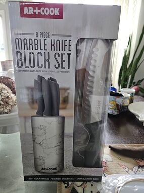New AR+Co Marble Knife Block Set with Gray Handles